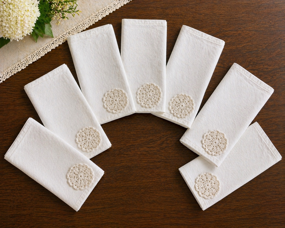 Crochet Applique White Napkins Set Cottagecore Dining Cotton Blend 7pc